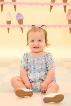 Baby Roselyn Romper in Blue Linear Floral Print
