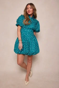 Cody Dress in Deep Teal Polka Dot