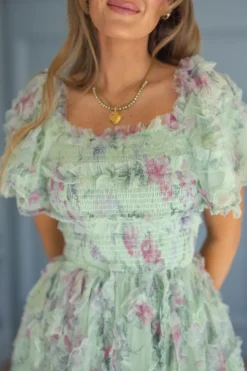 Florentina Short Dress in Pistachio Aquarelle Fleur