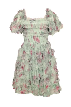 Florentina Short Dress in Pistachio Aquarelle Fleur