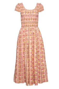 Marlow Cap Sleeve Dress in Peach Handpainted Flora Stripe