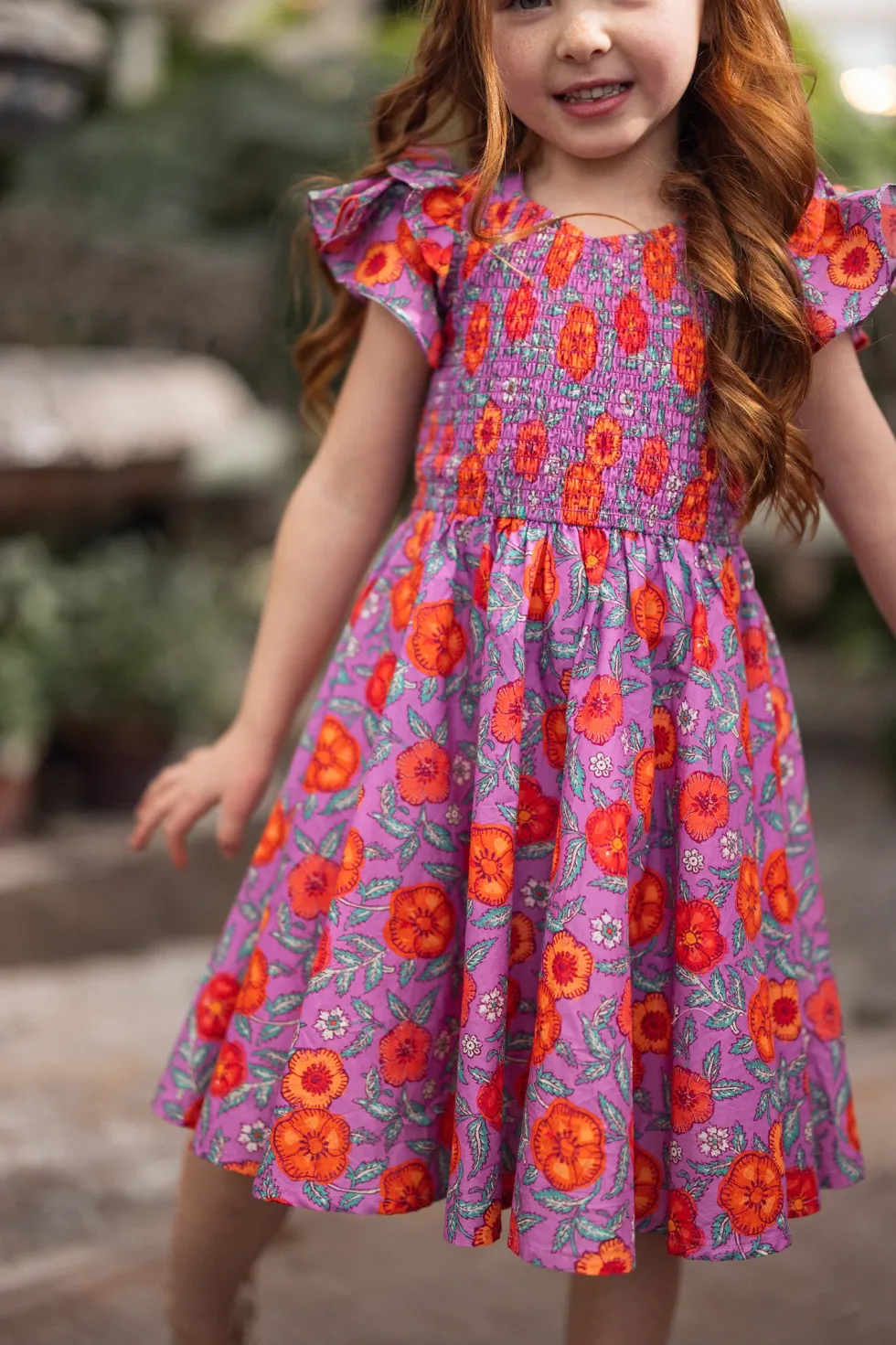 Mini Hattie Dress in Thistle Flower Poppy Woodblock