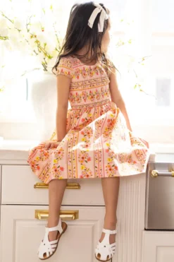 Mini Marlow Cap Sleeve Dress in Peach Handpainted Flora Stripe