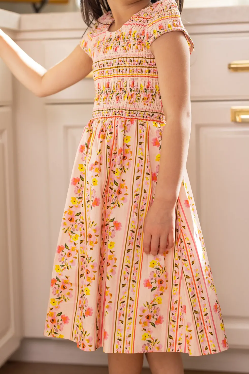 Mini Marlow Cap Sleeve Dress in Peach Handpainted Flora Stripe