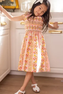 Mini Marlow Cap Sleeve Dress in Peach Handpainted Flora Stripe