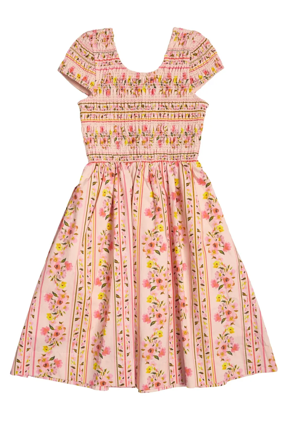 Mini Marlow Cap Sleeve Dress in Peach Handpainted Flora Stripe