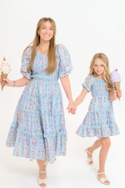 Mini Roselyn Dress in Blue Linear Floral Print