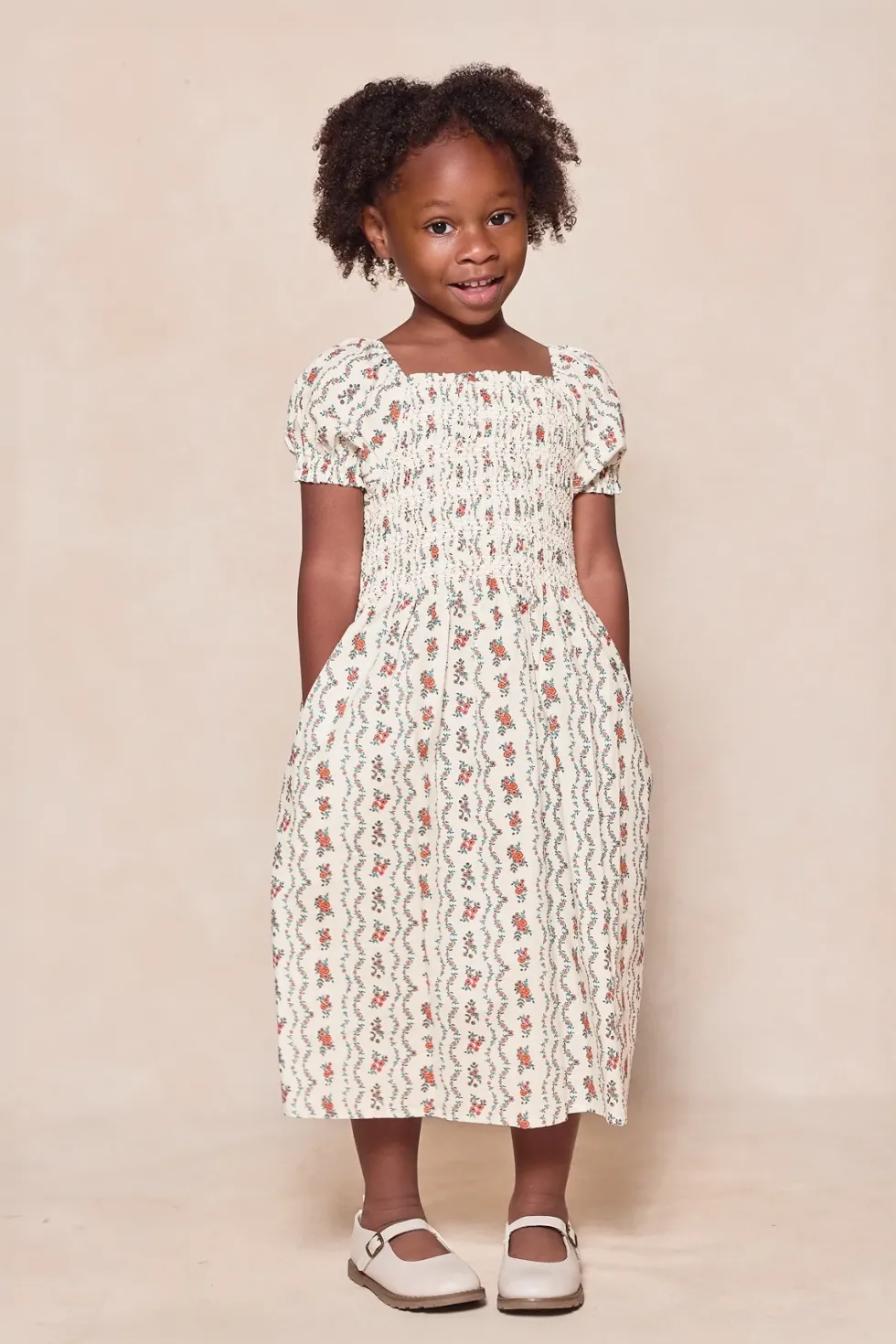 Mini Sunday Best Dress in Linear Poppy Woodblock