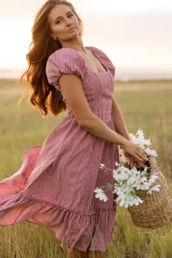Monica Dress in Pink & Brown Gingham