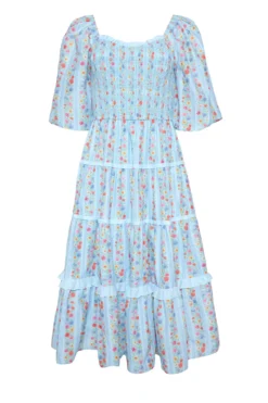 Roselyn Dress in Blue Linear Floral Print